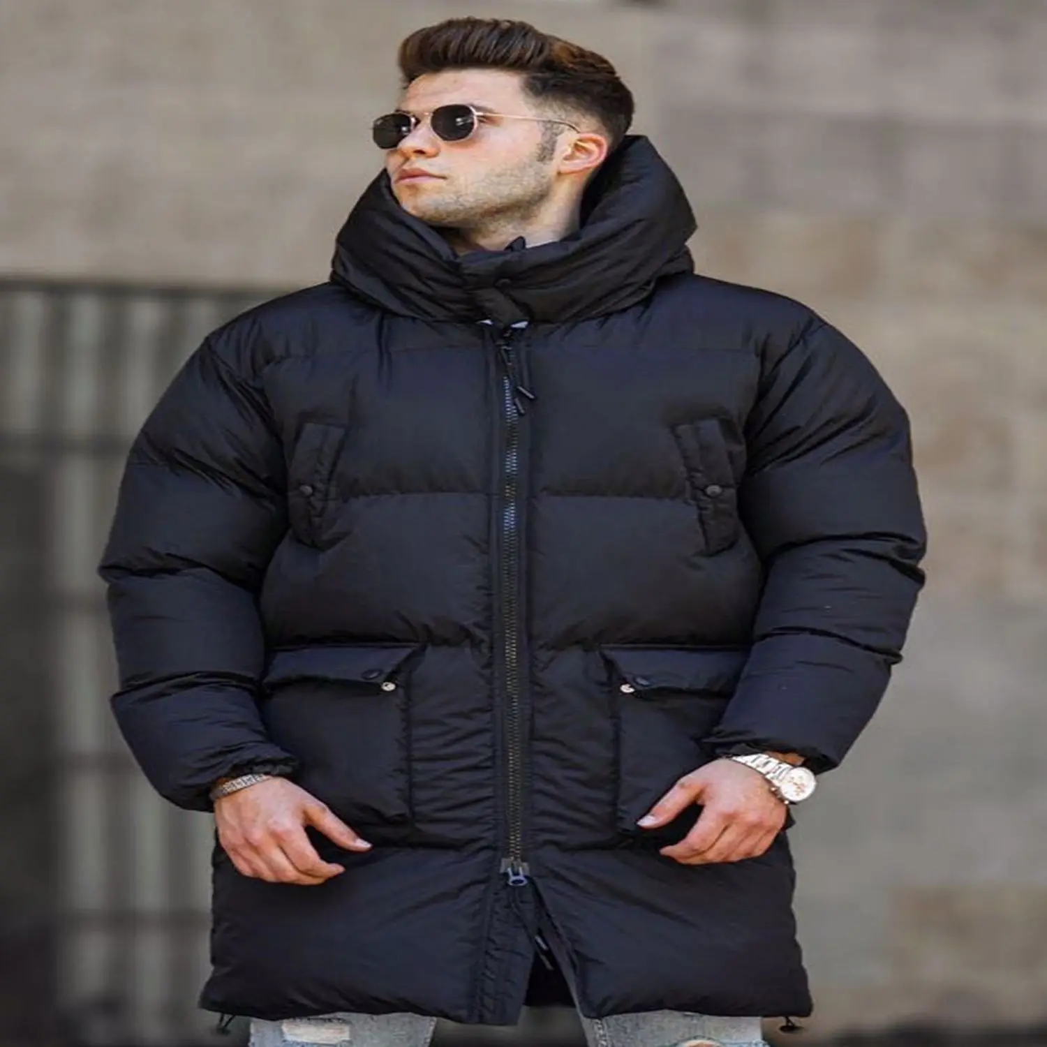 Black Inflatable Long Coats Winter warm men jacket coat casual autumn stand collar puffer thick şapka down filled jacket male