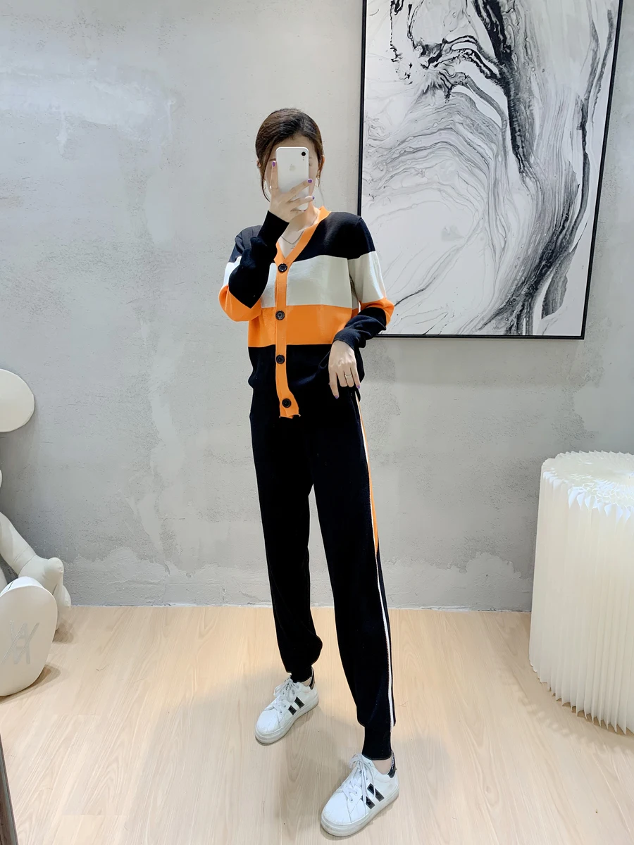 

Knitted Trouser Suits Two Piece Set Tracksuit Loungewear 2021 New Summer Soft Sweater Cashmere Coat + Jogger Sweatpants