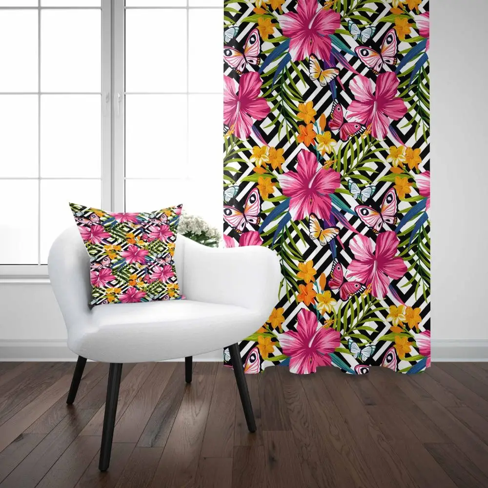 Еще черный белый цвет s образный Ikat дизайн на Цветной цветы 3D принт Гостиная