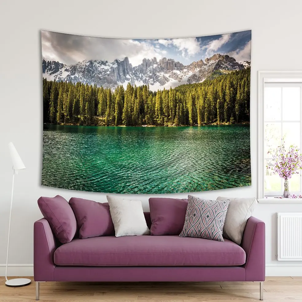 

Tapestry Mountain Pine Trees Reflection on Carezza Lacquer, Trentino, Dolomites Alps, Italy Landscape in Green and Grey