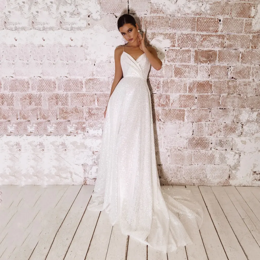 

13216# Elegant Sleeveless Open Back BOHO Spaghetti Straps Beach Sweep Train Shiny Lace V-Neck Wedding Dress Bride Gown 2021