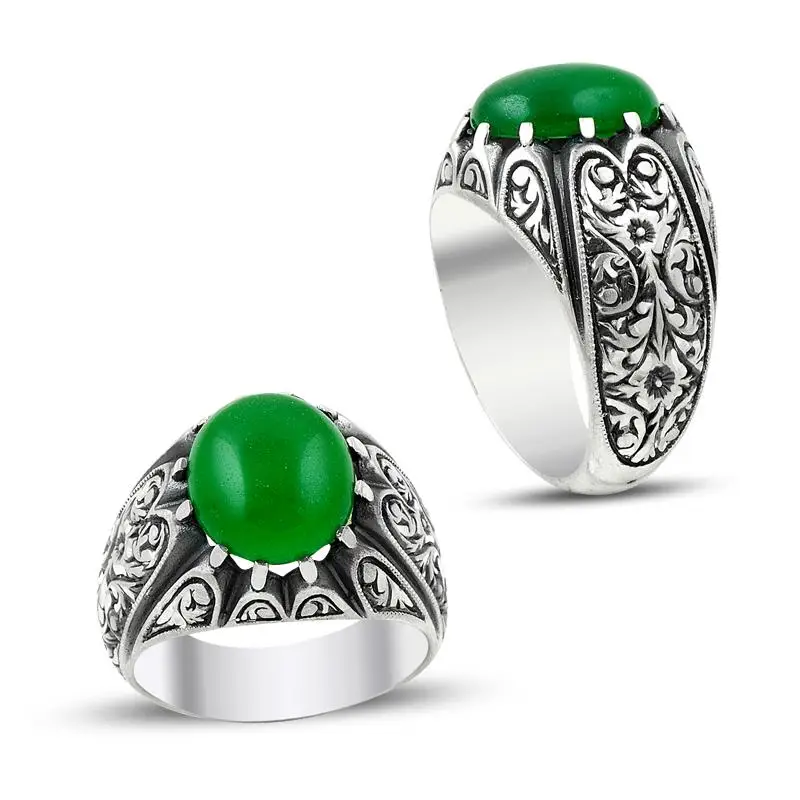 

Green Fire Amber Stone Ring Men's Silver Handmade Vintage Solid 925 Sterling Quality Stylish Design Special Luxury Charming New