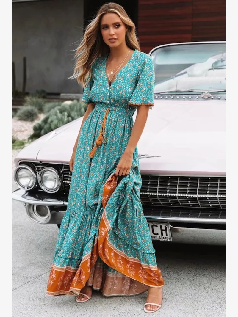 

Women Bohemian V-Neck Beach Holiday Tie Printed One Piece Dress