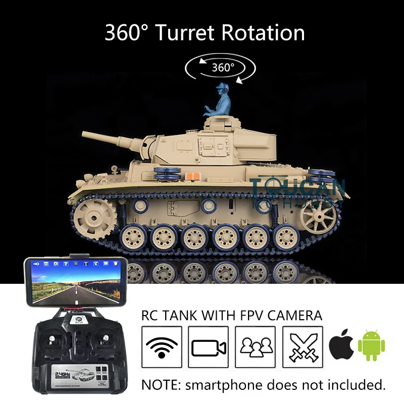 

1/16 HengmLong TK7.0 Plastic Panzer III H FPV RC Tank 3849 Steel Gearbox 360° Turret BB Shooting Battle Against Vehicle Toy