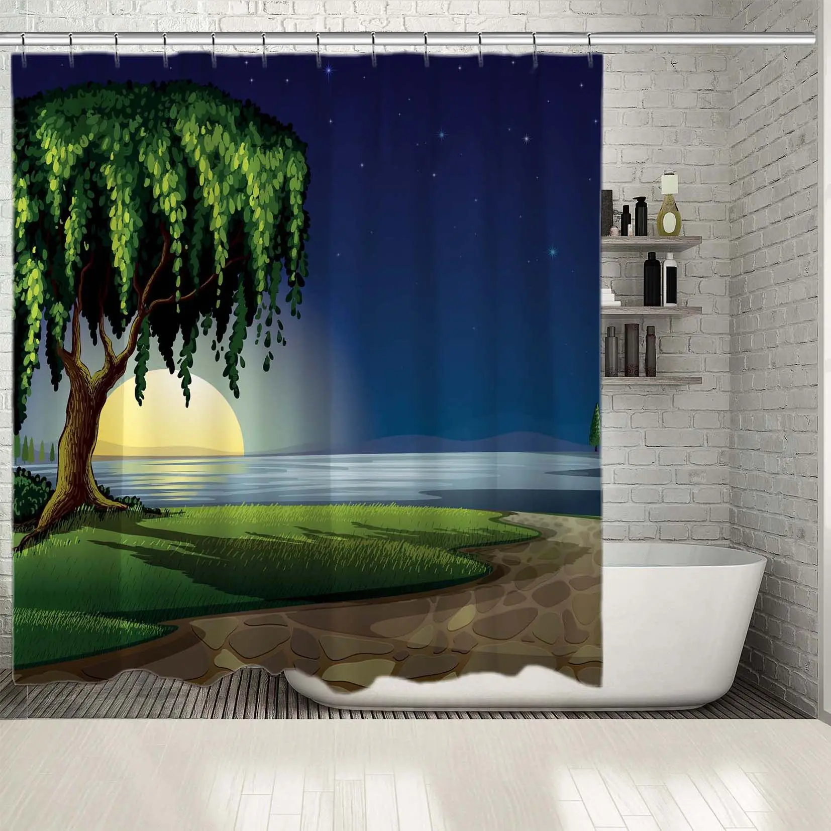 

Shower Curtain Full Moon Reflection on Lake Trees Pathway Stars on Summer Sky Peaceful Landscape Night View Blue Yellow Green