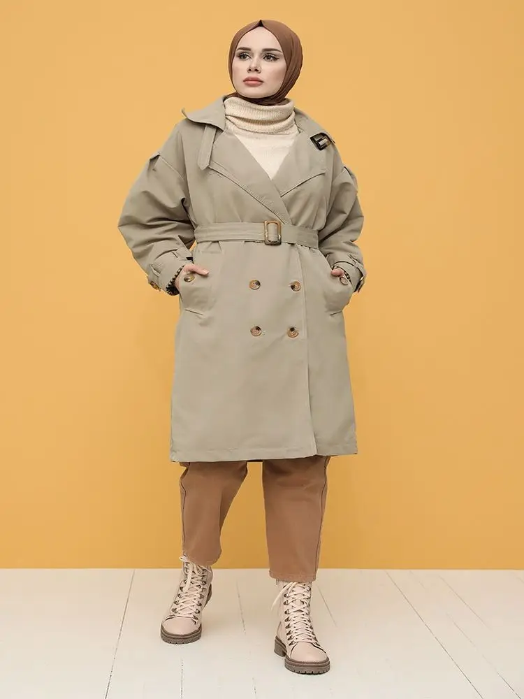 

Buttoned Belted Trench Coat Wide Collar Oversize Street Style Windbreaker Modest Islamic Outerwear Muslim Fashion 2021 Hijab