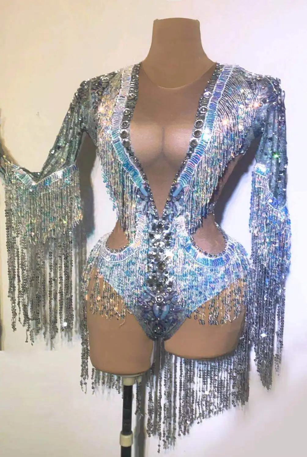 

Sparkly Crystal Sexy Jumpsuit Tassel Long Sleeves Bodysuit Party Prom Women Wear Nightclub Bar Dancer Stage Costume