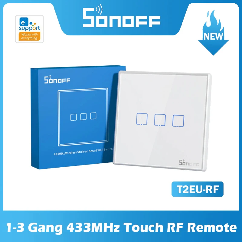 

SONOFF T2EU-RF 86 Type Smart Switch Sticky 433MHz Wireless RF Remote Control Wall Panel For 4CHPROR3 SlampherR2 TX Wall Switch