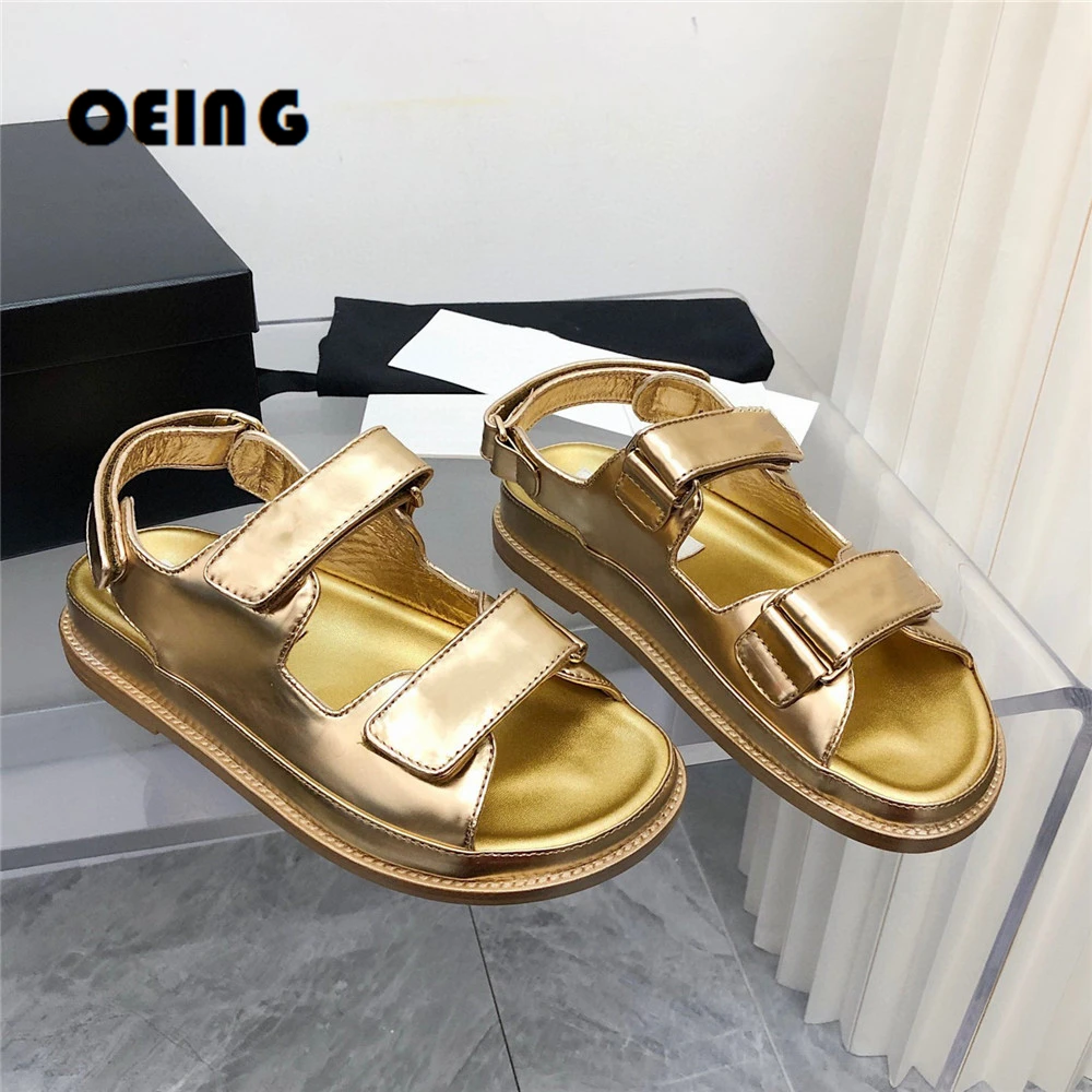 

2022 Summer Women Flat Dad Sandals Calfskin Leather Sandals Female Hook and Loop Straps Mule Slide Strap Comfort Beach Flats