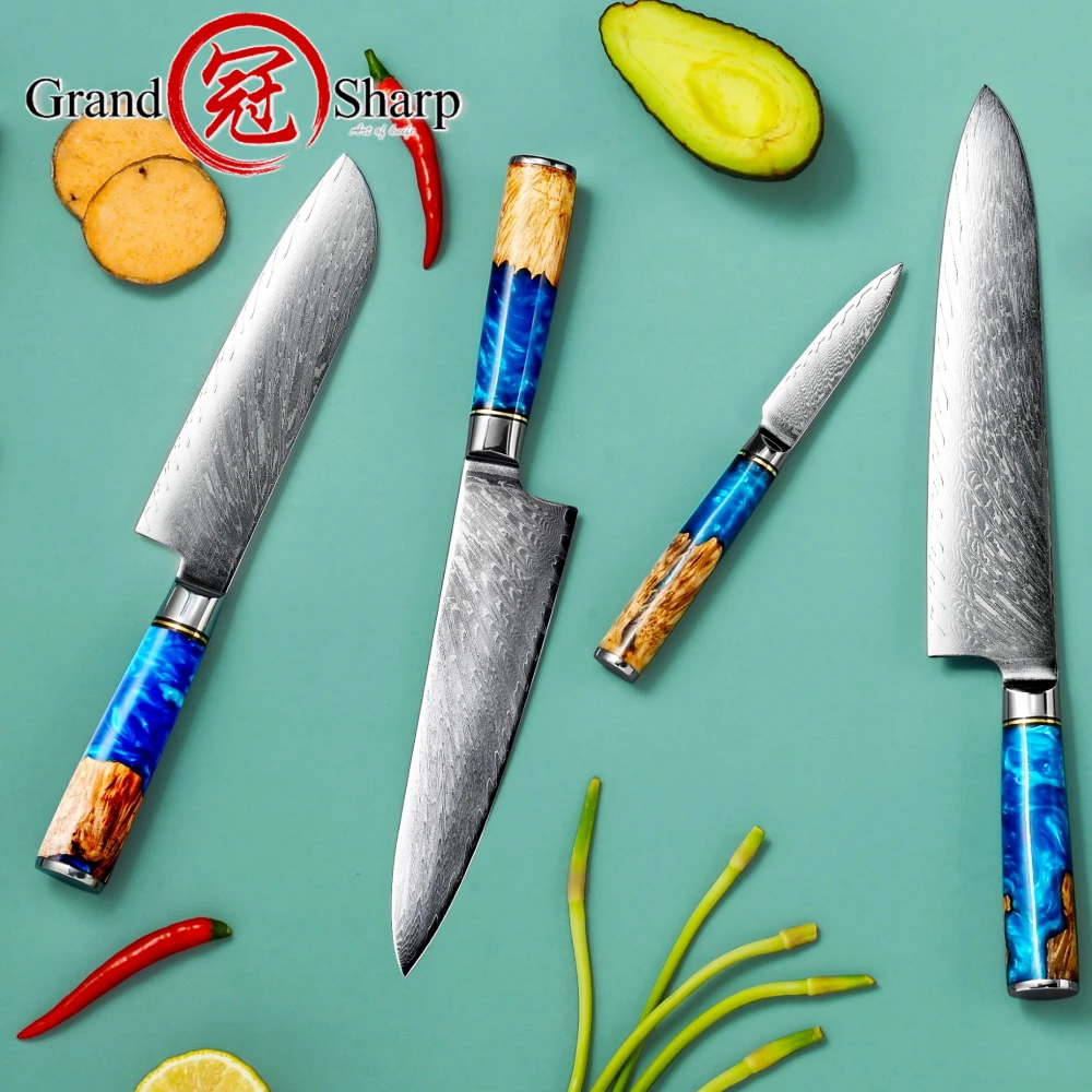 

Grandsharp Damascus Kitchen Knives 67 Layers Japanese Damascus Stainless Steel Chef's Cooking Tools Santoku Utility Slicing NEW