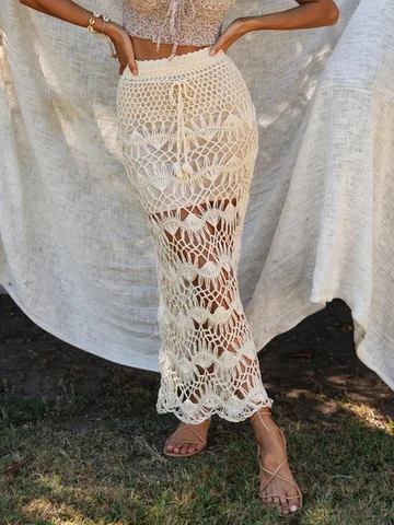 Aproms Bohemia Crochet Kintted Long Maxi Skirt Women Vintage Cotton Hollow Out Skirts Ladies Summer Beach Pencil Skirts 2022