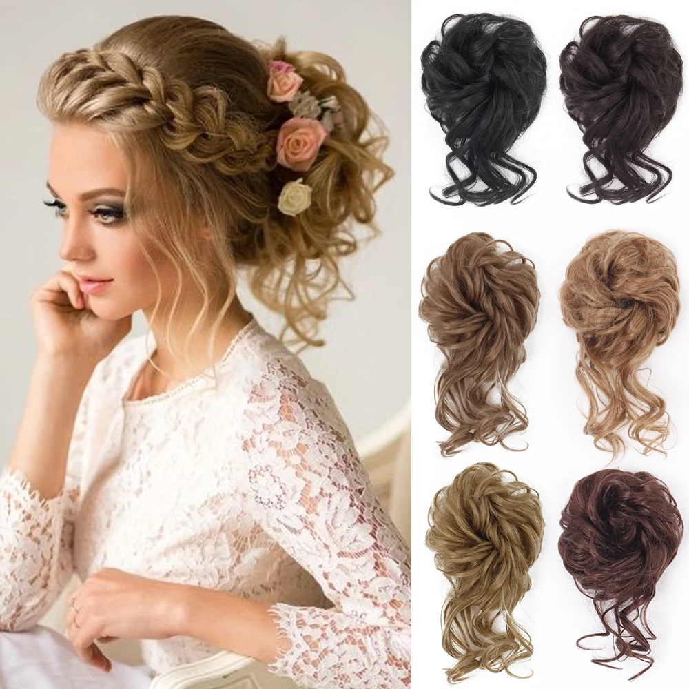 

Synthetic Curly Scrunchie Chignon With Rubber Ban Hair Ring Wrap Around on Hair Tail Messy Bun Ponytails Extension