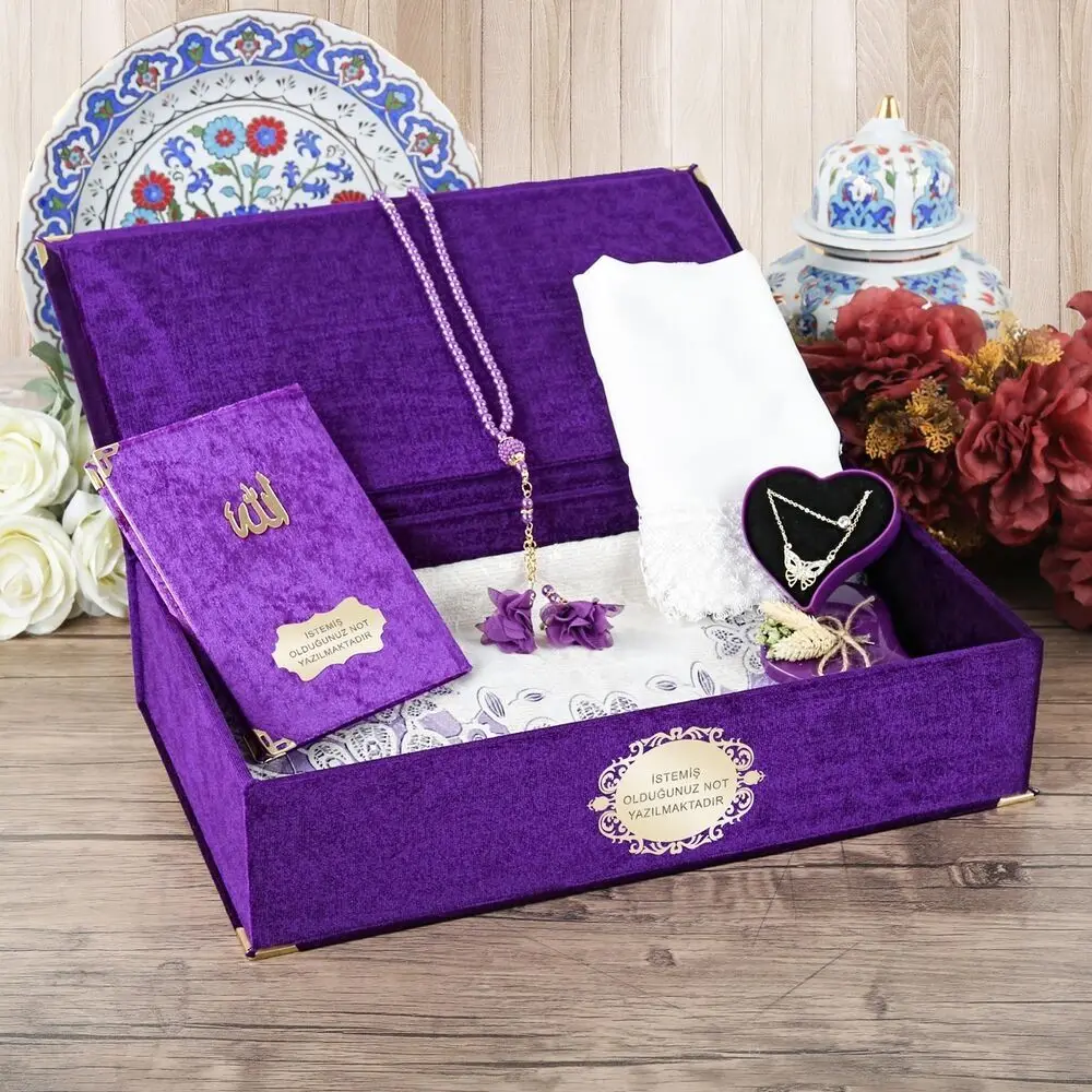 Mother's Special Velvet Box Purple, Prayer Rug, Velvet Yasin Necklace, Shawl, Rosary Gift Set  FREE SHİPPİNG