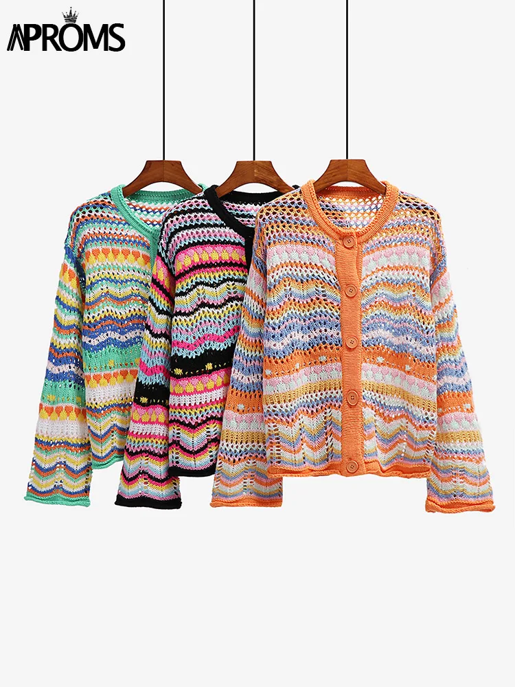 Aproms Elegant Rainbow Colored Long Sleeve Knit Cardigan Women Autumn Hollow Out Oversized Sweater Female Fashion Outerwear 2022 images - 6