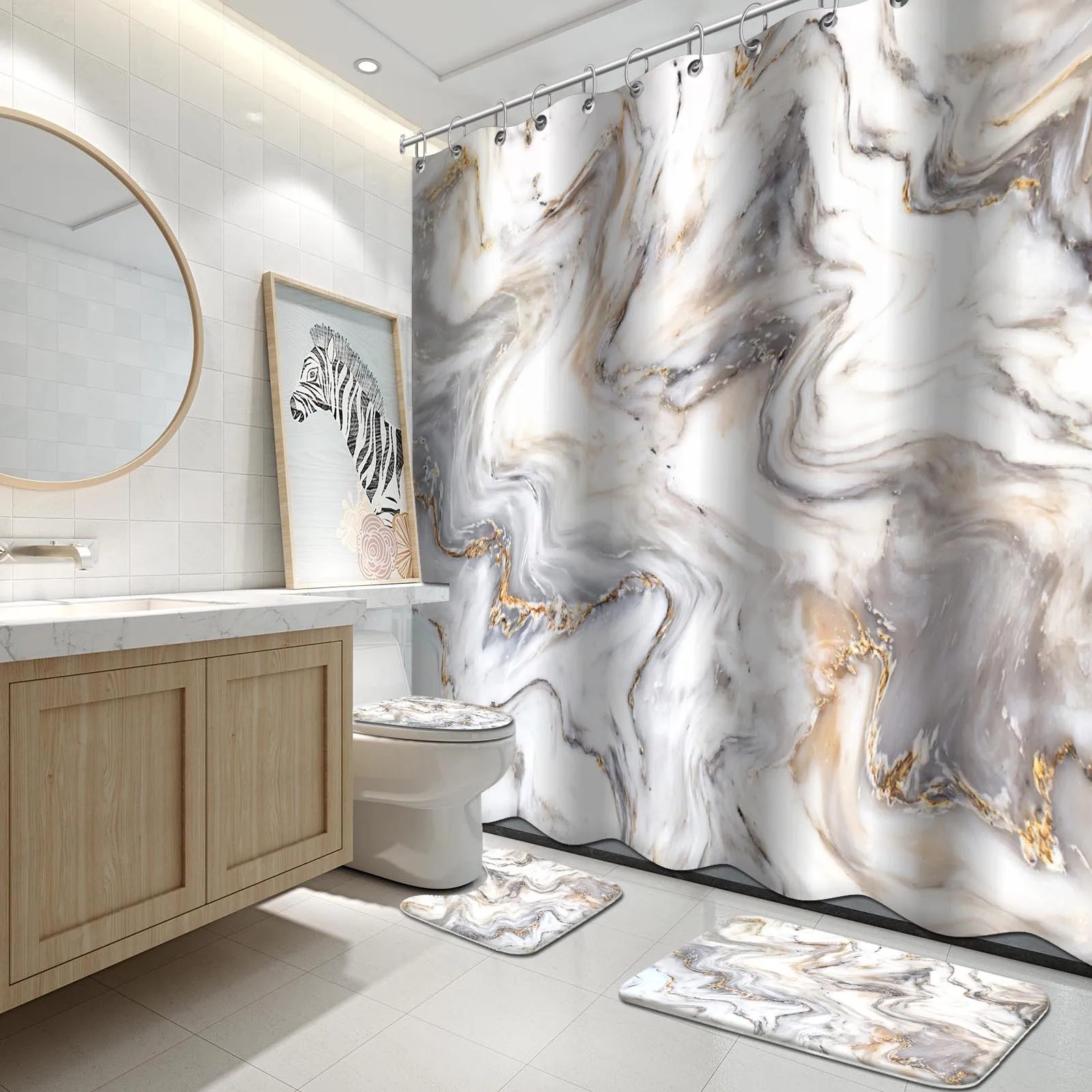 

4PCS Shower Curtain Set Marble Ink Texture Background Pattern Print Luxurious Graphic Print Polyester Fabric Bathroom Decor Sets
