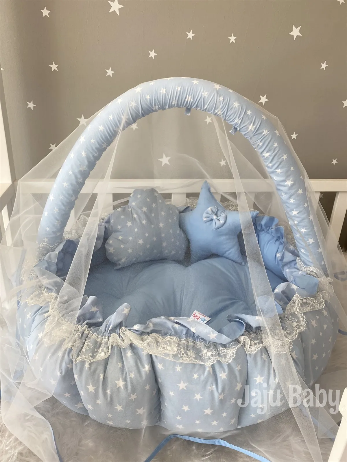 Jaju Baby Blue Star Pattern Design Luxury Play Mat Babynest Mosquito Net Tulle Toy Apparatus Set