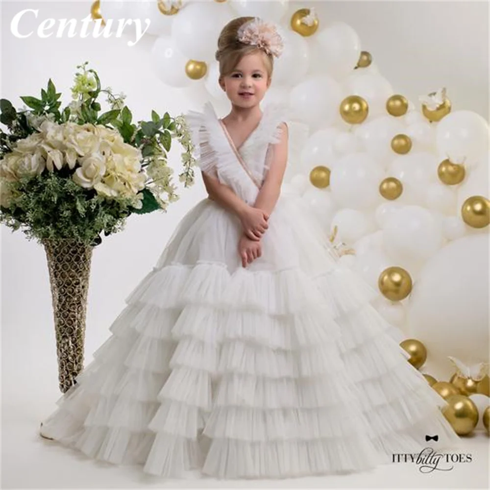 

Century Flower Girl Dresses V Neck Wedding Party Dress Tiered Princess Dress Pleat Wedding Girl Dress A Line Baby Girl Dress