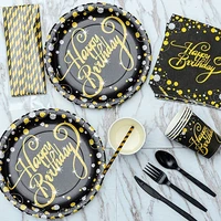 black gold disposable tableware set 16 guest for 21st 30th 40th 50th birthday anniversary party supplies paper cup napkin banner
