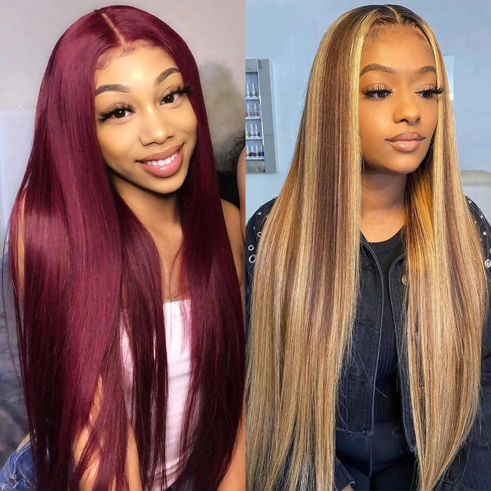 

13x6 Highlight Straight Lace Front Wig 13x4 Red Human Hair Lace Frontal Wigs 99J HD Transparent Bone Straight Human Hair Wigs