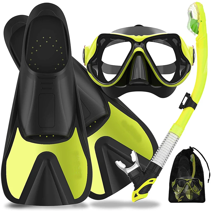 

Snorkeling Gear for Adults Snorkel Set Scuba Diving Mask and New Snorkeling Fins Swimming Flipper Gear with Different Size