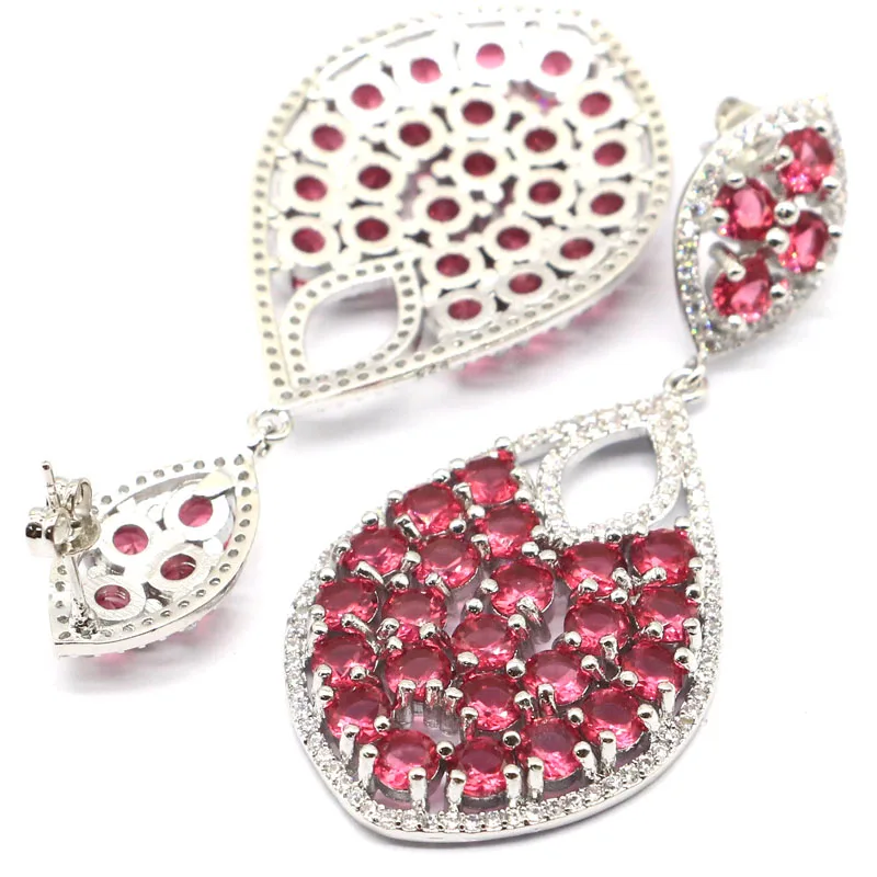 

60x26mm SheCrown Dazzling Long Big Heavy 16.7g Created Raspberry Rhodolite Garnet For Women Dating Daily Wear Silver Earrings