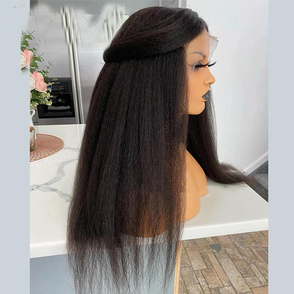 

High Denity Synthetic Glueless Yaki Straight Lace Front Wigs Natural Black Machine Made Headband Wigs Heat Resistant Fiber Hair