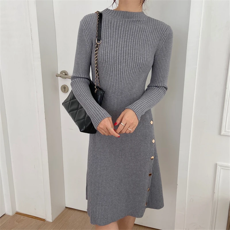 

Autumn Buttons O Neck Female Knitted Dress Women Stretch Elastic Skinny Sweater Vestido Casual Long Elegant A-Line Clothes