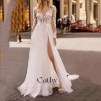 cathy sexy a line embroidered bridal gown with long sleeves tulle sweep train wedding dresses robe de mari%c3%a9e vestidos de novia