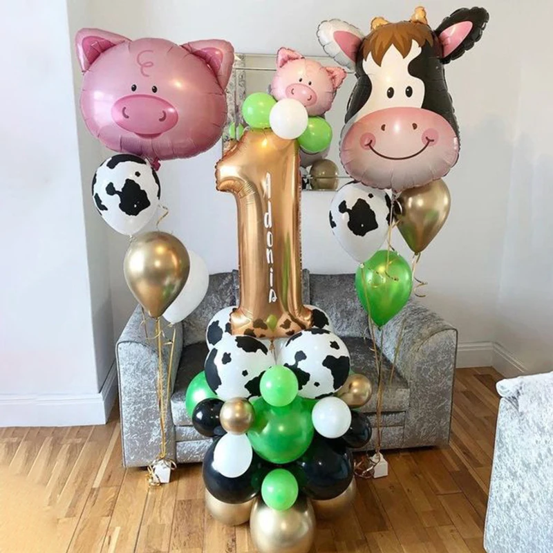 

38pcs Jungle Animal Theme Cow Pig Balloons Set 32inch Gold Number Globos Jungle Safari Theme Kids 1st Birthday Party Decoration