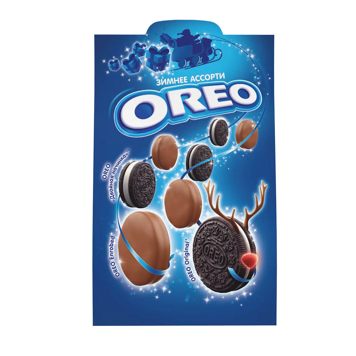 печенье орео в белой глазури. орео новогодний набор. орео. орео коробка сзади. Oreo набор новогодний.