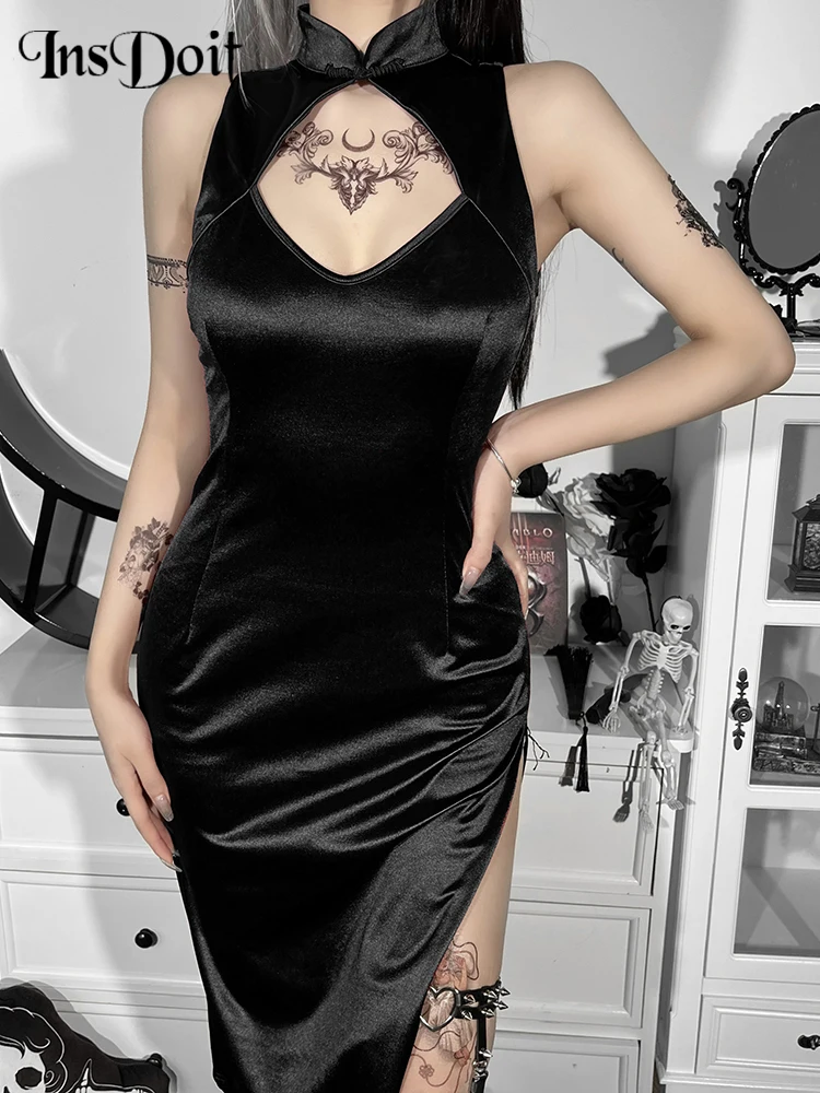 

InsDoit Gothic Clothes Black Female Dress Chinese Style Hollow Out Sexy Split Dress Bodycon Aesthetic Elegant Party Corset Dress