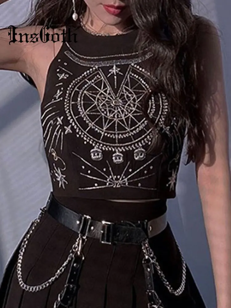 

InsGoth Women Vintage Emo Print Tank Tops Goth Harajuku Punk O Neck Crop Tops Y2K Streetwear Grunge E Girl Summer Camisoles
