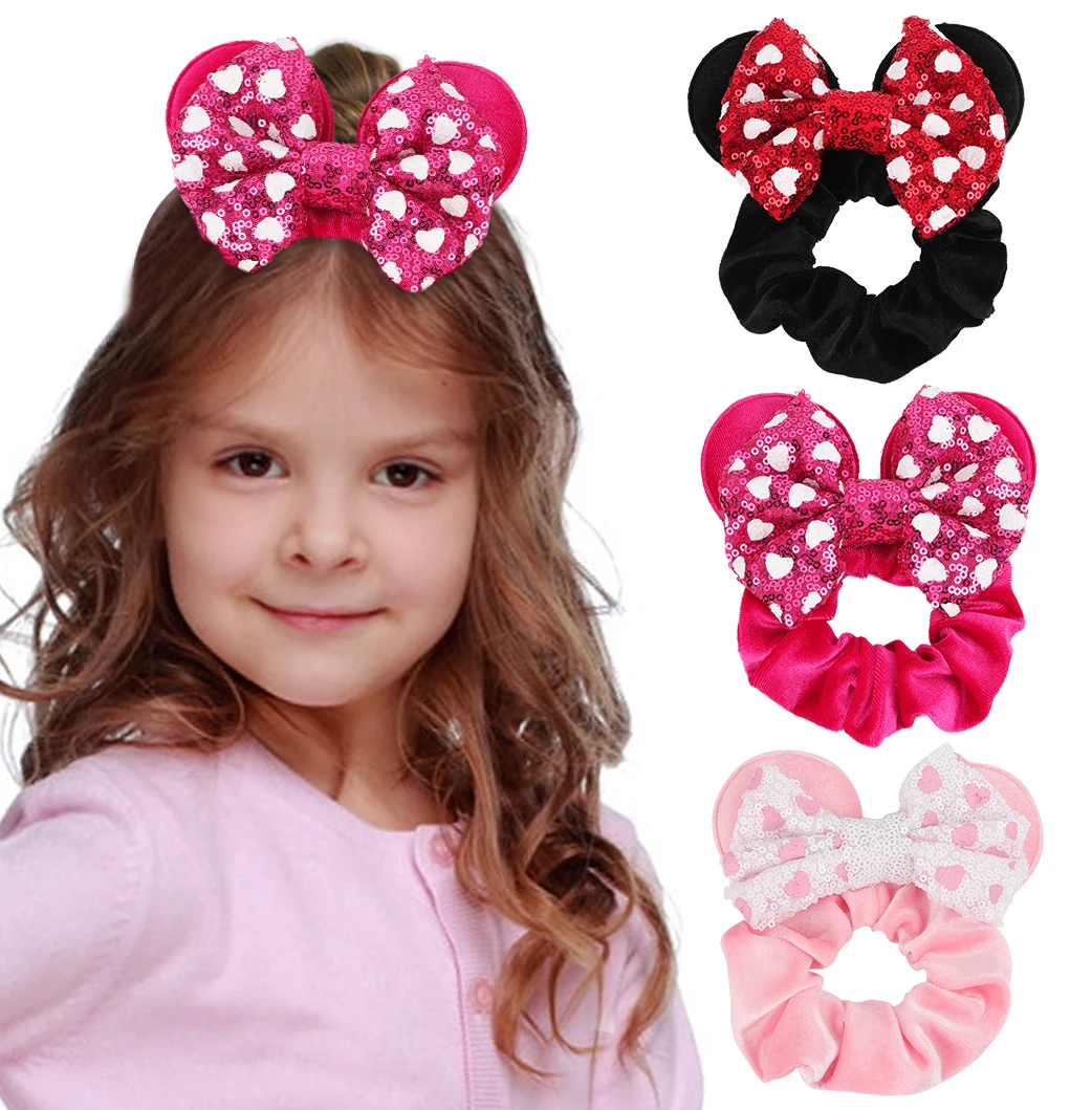 

Kids Classic Mouse Ear Large Intestine Rings Printed Sequin Bow Rubber Bands Trendy Hair Accessories For Children Fashion Gifts