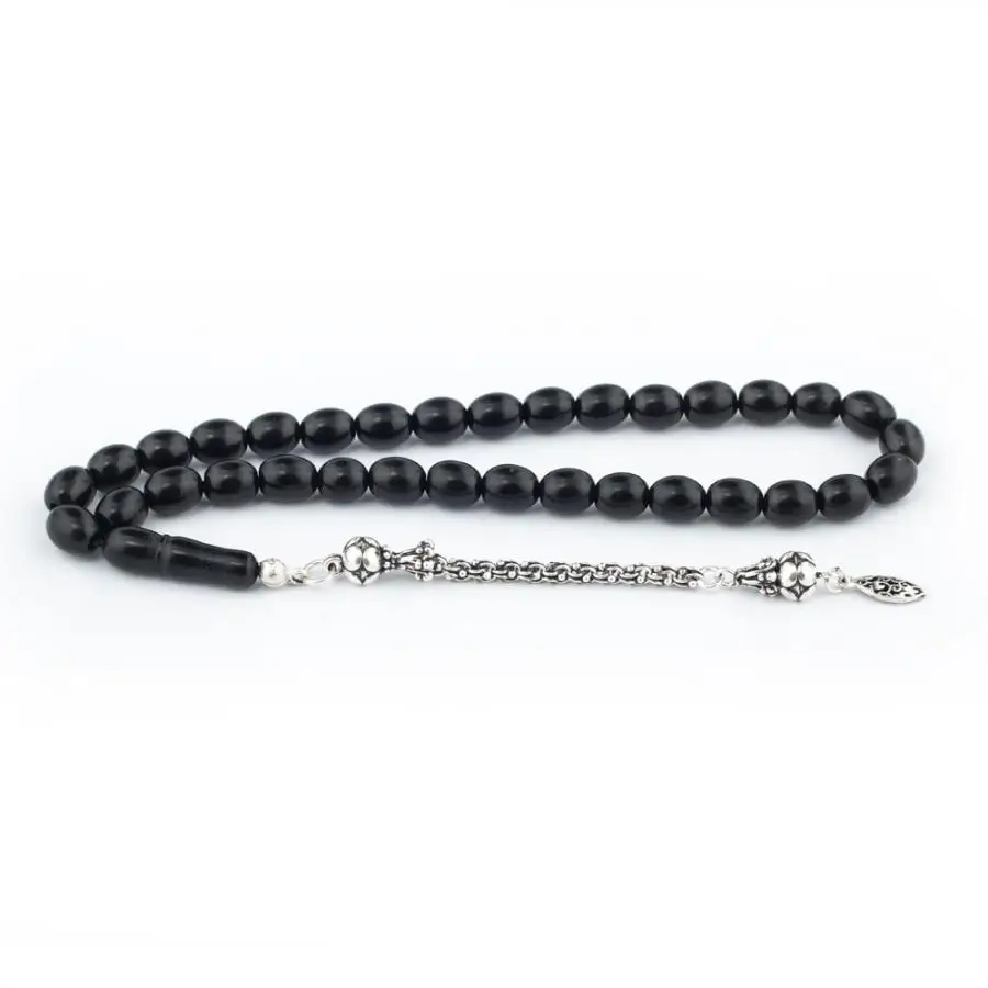 

Black Natural Jet Stone Prayer Bead With Silver Tassel Men Rosary Islamic Tasbih Made in Turkey Solid 925 Sterling Silver