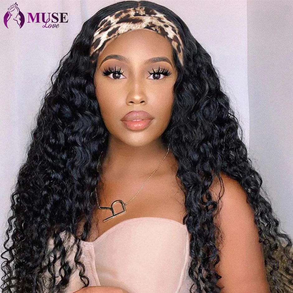MUSE LOVE Brazilian Water Wave Wig 180% Nature Wave Headband Wig Human Hair Wigs Remy Deep Curly Human Hair Wigs Headband Wigs