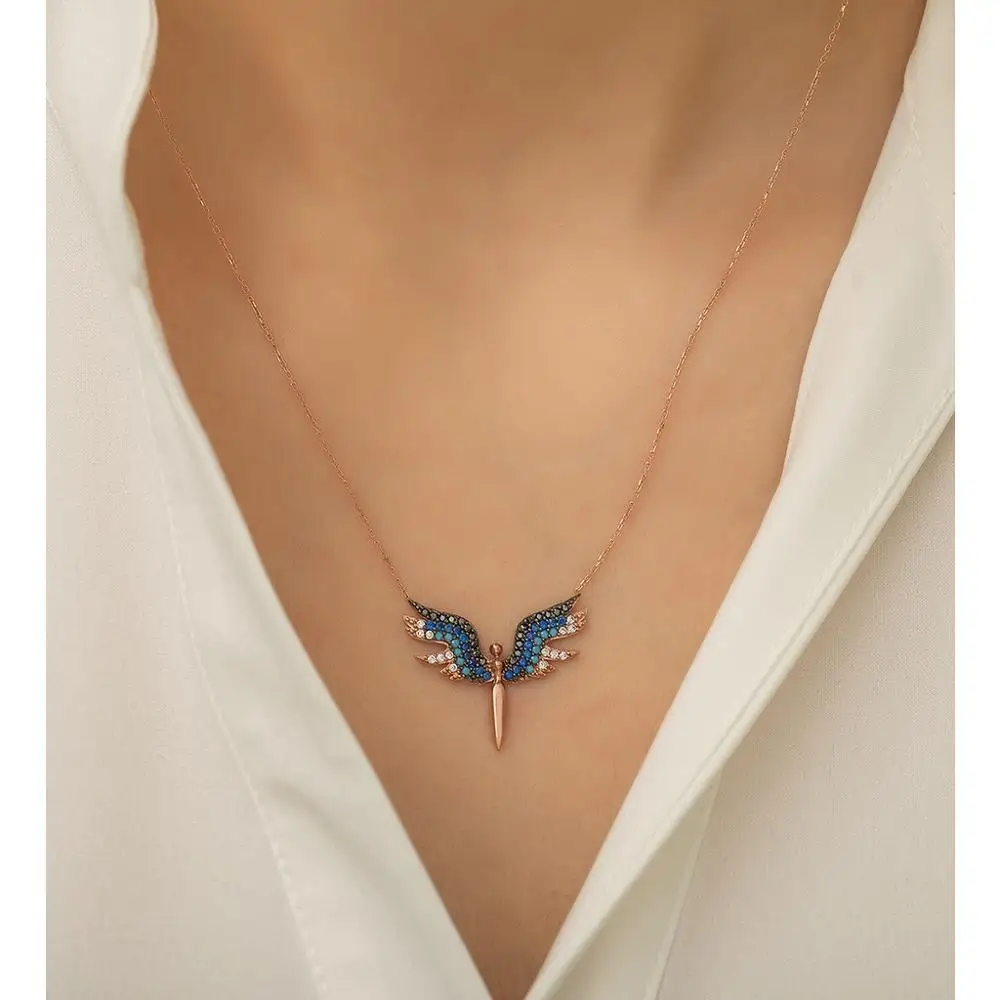 Женское Ожерелье из стерлингового серебра 925 пробы с цирконием ангела Mikail синее