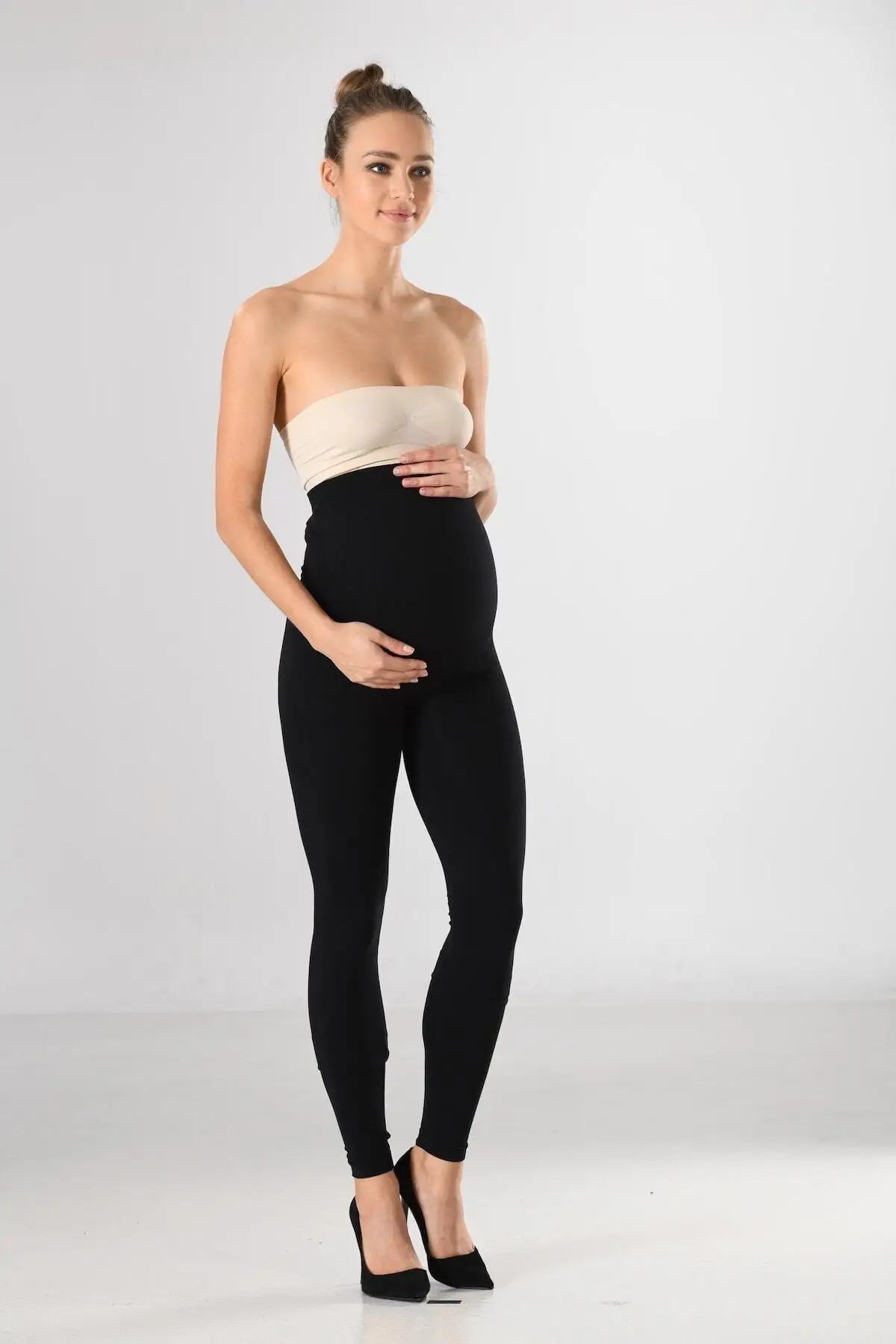 

Women's Black Long High Waist Non-Revealing Knitted Seamless Soft Basic Maternity Leggings