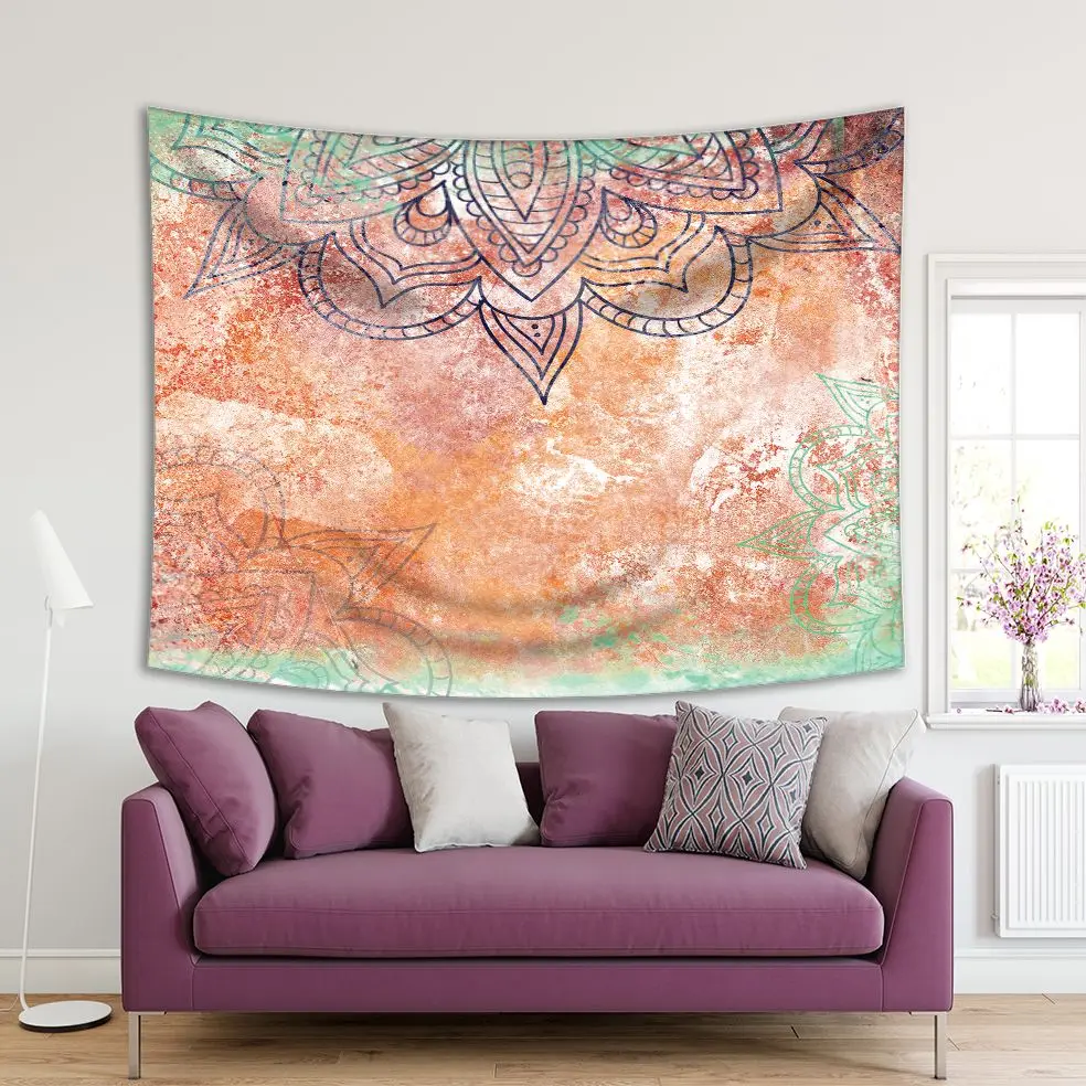 

Tapestry Mandalas Ethnic Floral Pattern Grunge Aged Effect Vintage Style Oriental Artwork Printed Green Orange