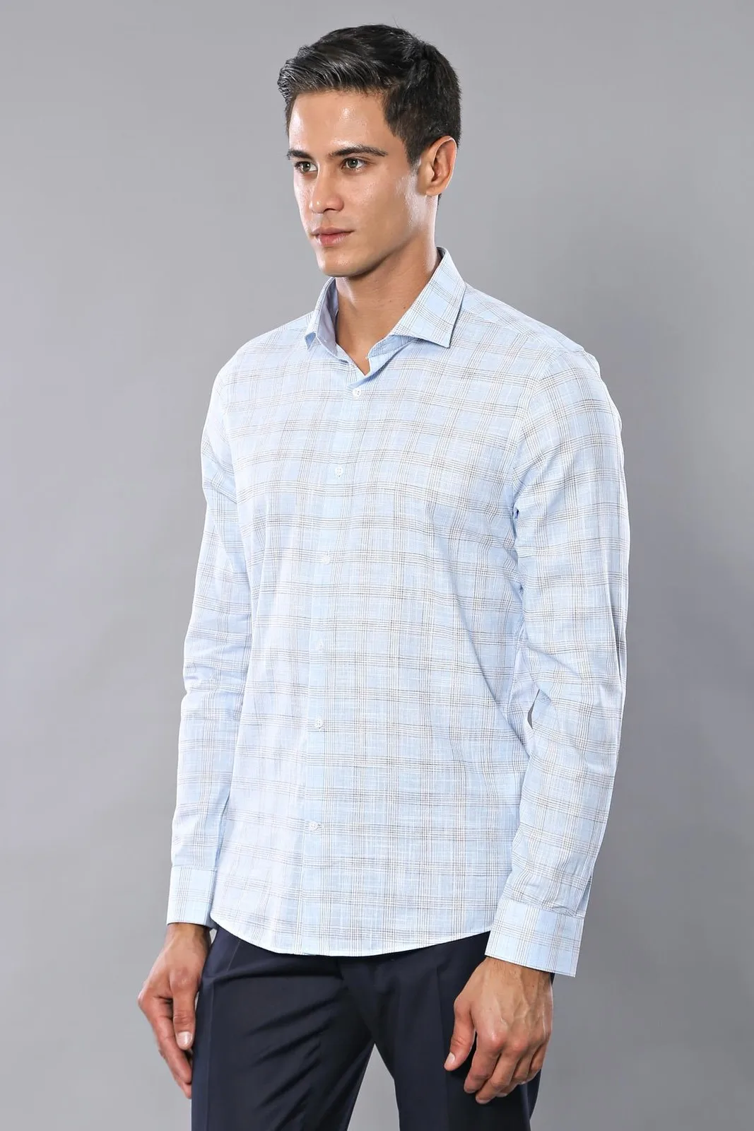 

Plaid Pattern Ice Blue Long-Sleeve Male Shirt Unimart Shop | Wessi