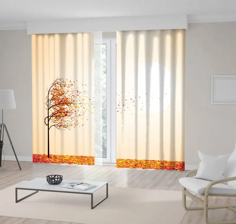 

Curtain Windy Autumn Day Tree and Falling Dried Golden Leaves Covered the Ground Nature Wilderness Art Beige Yellow Red