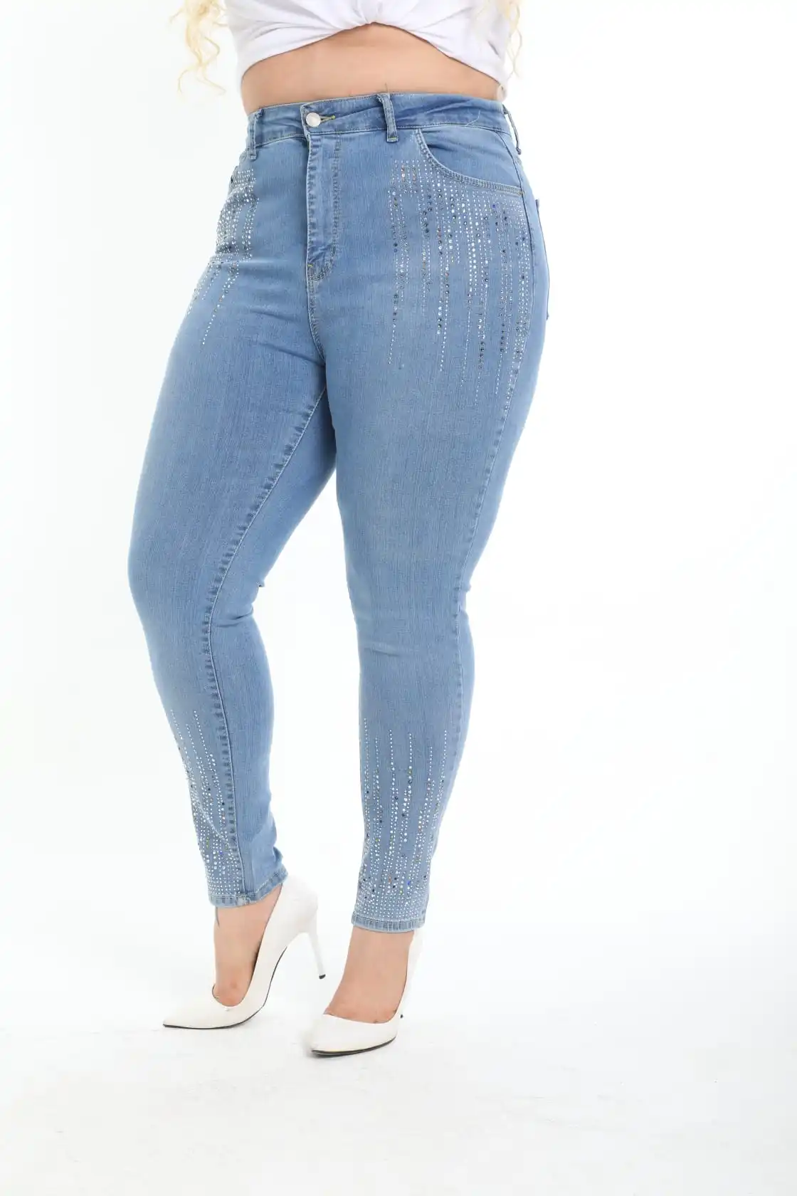 Diaves Women Plus Size High Waist Skinny Pearl Stone Pattern Detailed Blue Jeans