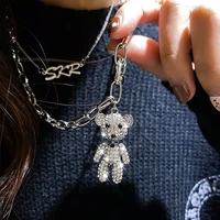 cute bear pendant necklace for women men shiny silver color luxury quality jewelry with rhinestone fashion punk accessories gift