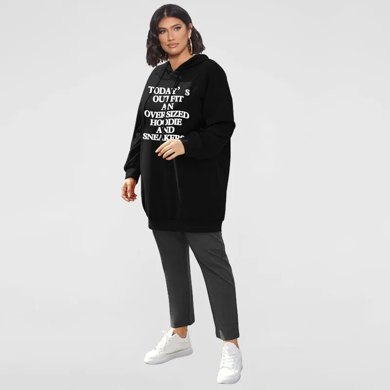 Женский Длинный свитер с капюшоном и надписью рукавами-фонариками |