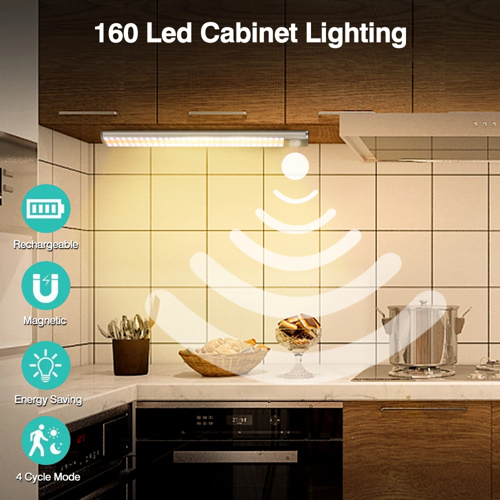 

Беспроводной светодиодный ночсветильник под шкаф с датчиком движения, декоративсветильник настенная лампа для спальни с 3 цветными режима...