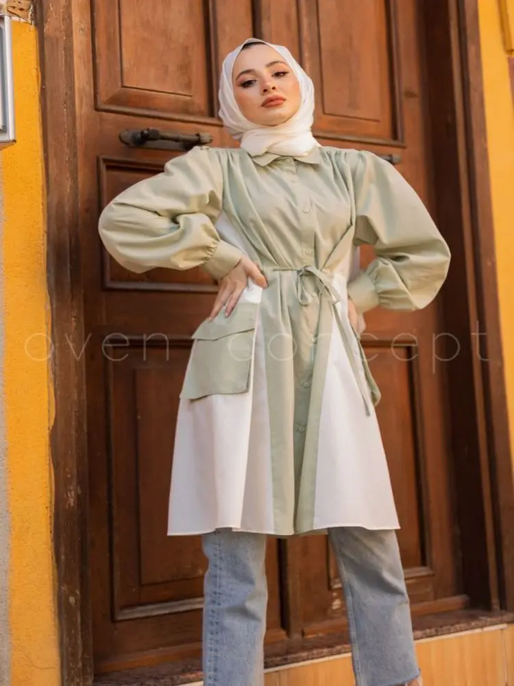 

Double Color Pocket Shirt, Gathered Waist Long Sleeve Tunic Autumn Summer New Season 2021 Muslim Fashion