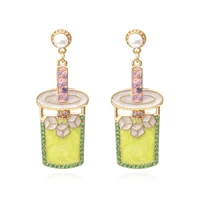 new cute milk tea cup crystal earrings for women fashion jewelry hyperbole enamel rhinestone drop earrings accessories
