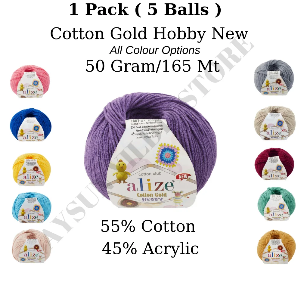 1 Pack (5 Balls) Alize Cotton Gold Hobby New Amigurumi Yarn 50 Gram 165 Mt. All Color Option Crochet Tool Kit