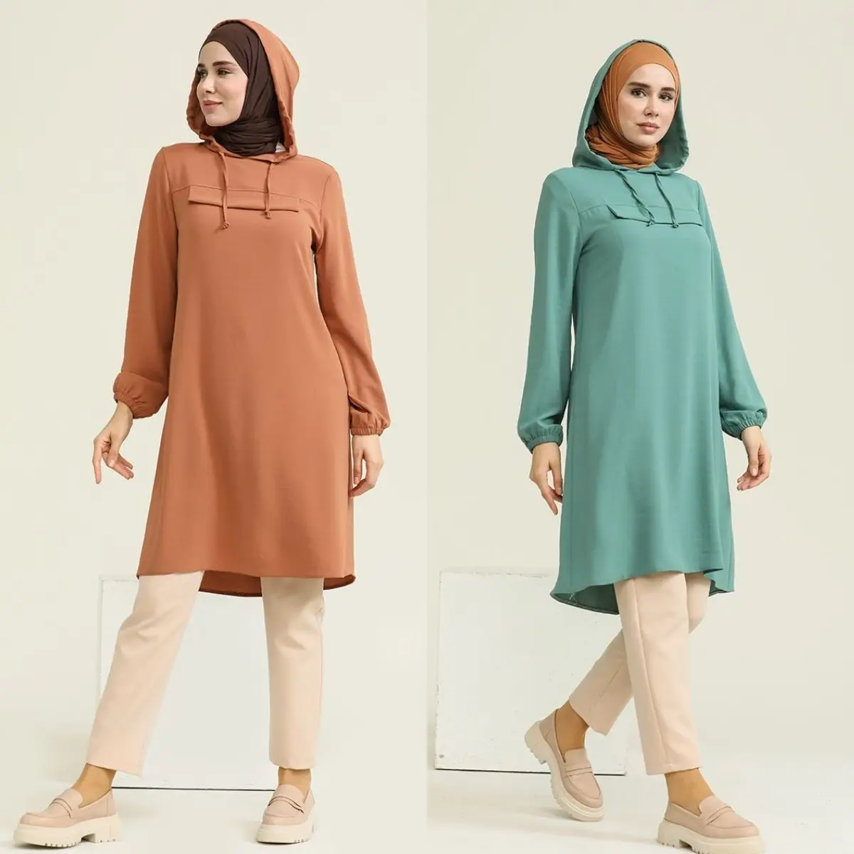 Hooded Tunic Long Elastic Sleeve Plain Seasonal Winter Women Muslim Fashion Hijab Clothing Turkey Istanbul Islamic Dubai Casual