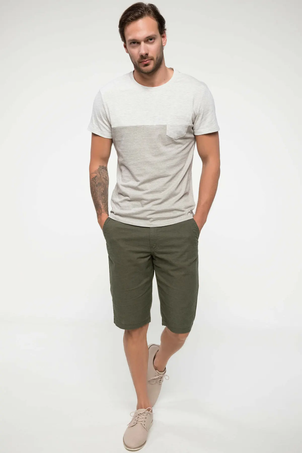 DeFacto мужские летние прямые шорты повседневные армейские зеленые Бермуды со