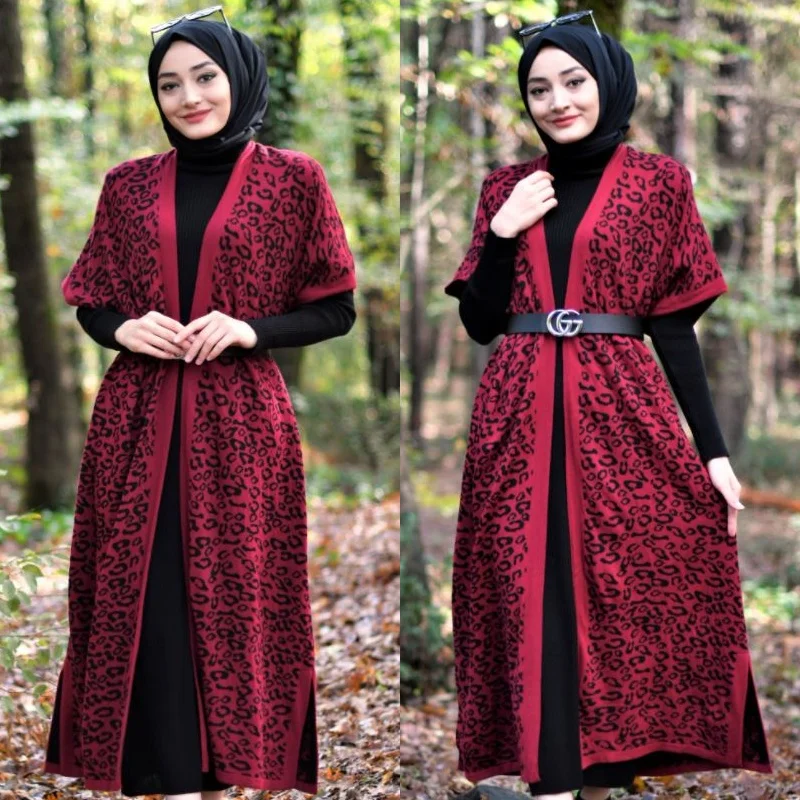 

2 Pieces Women Sets Knitted Dress + Leopard Patterned Vest Cardigan Muslim Fashion Double Suit 2021 Turkey Abayas Islamic Clothe
